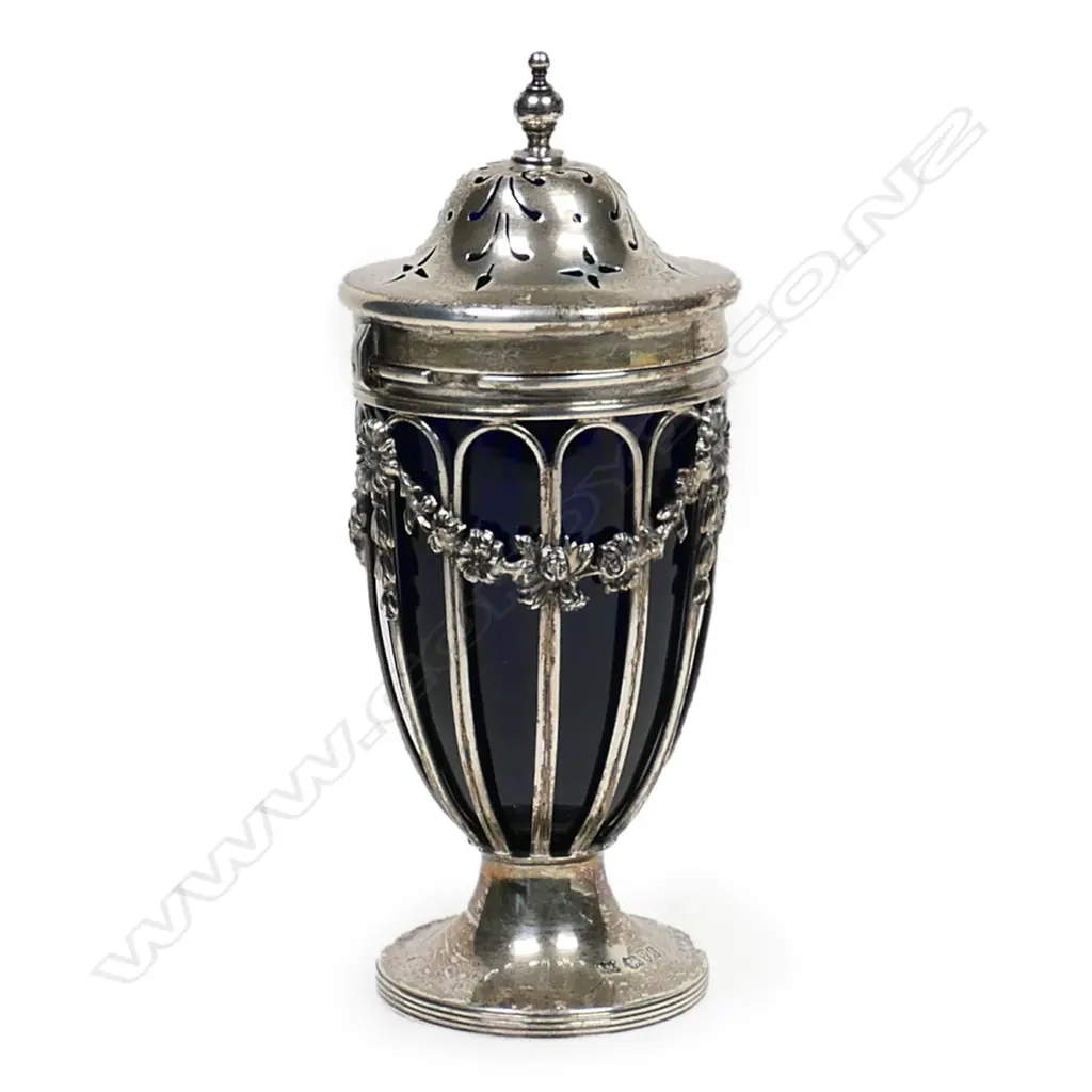 An early 20thC silver and blue glass sugar sifter, Image 1++