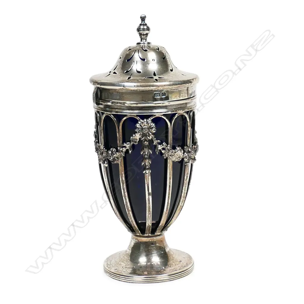 An early 20thC silver and blue glass sugar sifter, Image 1++