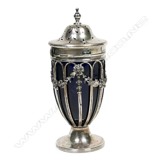 An early 20thC silver and blue glass sugar sifter,