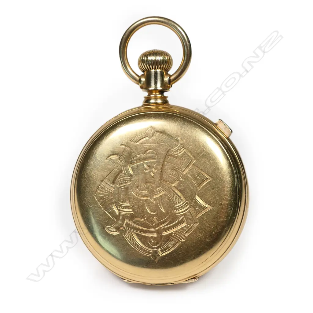 An 18ct gold American Watch Co., Waltham, Mass., Model '84, chronograph hunter case pocket watch, Image 1++