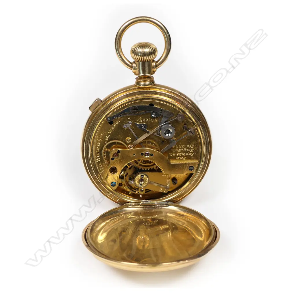 An 18ct gold American Watch Co., Waltham, Mass., Model '84, chronograph hunter case pocket watch, Image 1++