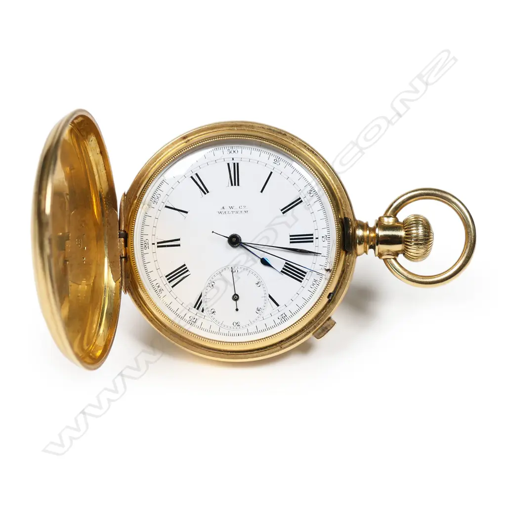 An 18ct gold American Watch Co., Waltham, Mass., Model '84, chronograph hunter case pocket watch, Image 1++