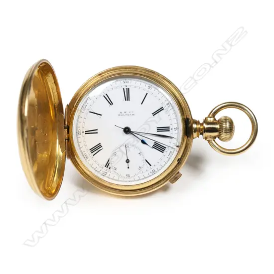 An 18ct gold American Watch Co., Waltham, Mass., Model '84, chronograph hunter case pocket watch,