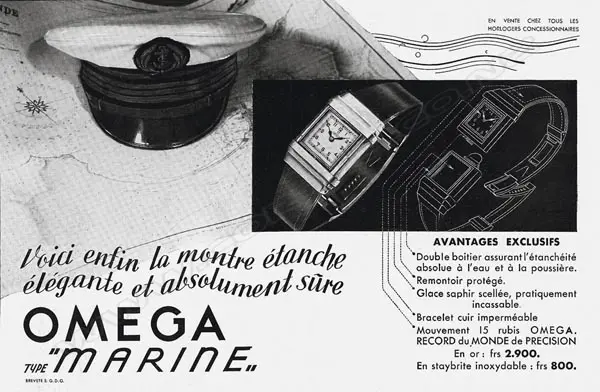A rare Omega Marine wristwatch, c.1939, the first watch tested to withstand underwater depths, design patented 1932. Image 1++