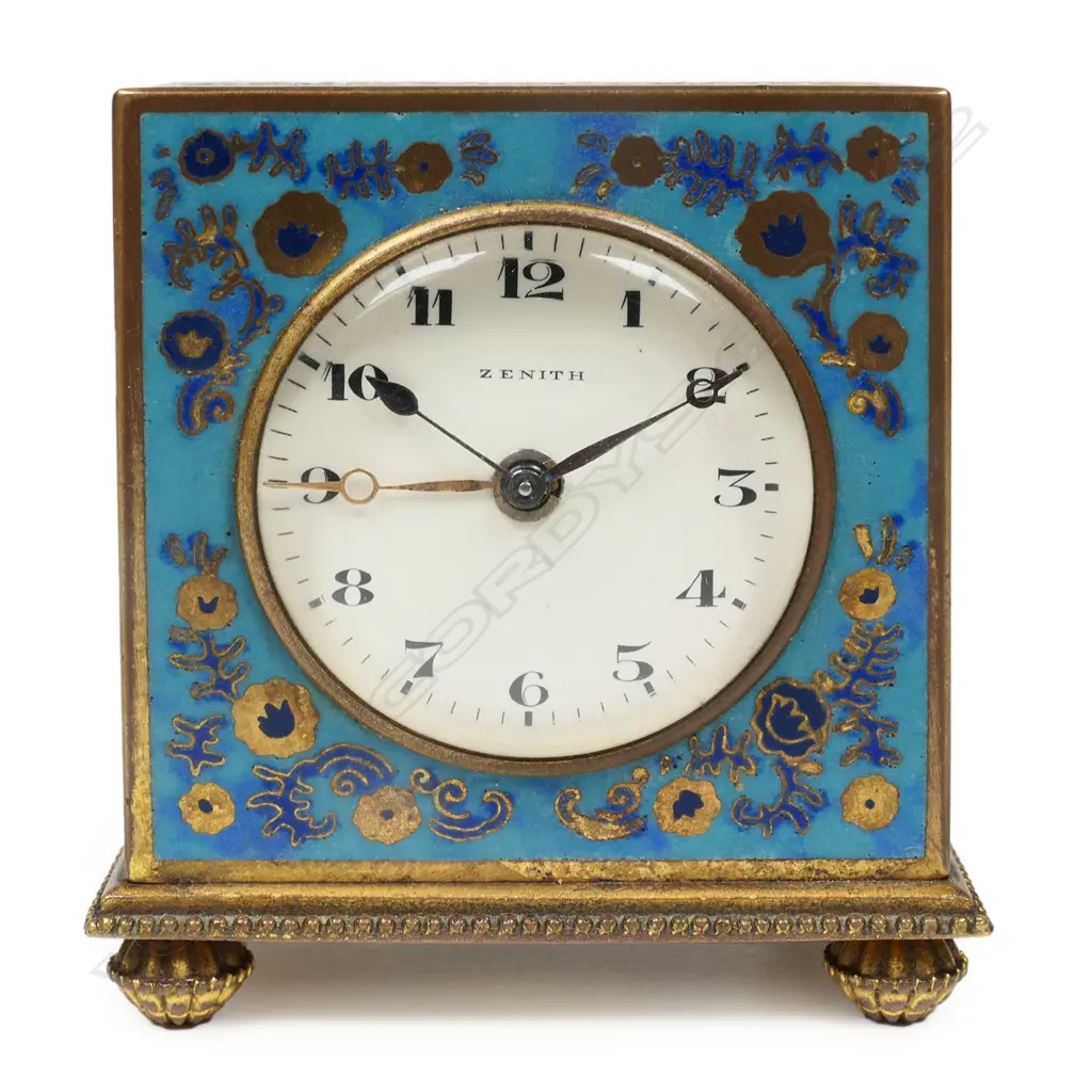 A c.1900  Swiss Zenith champlevé enamel cased miniature clock, Image 1++