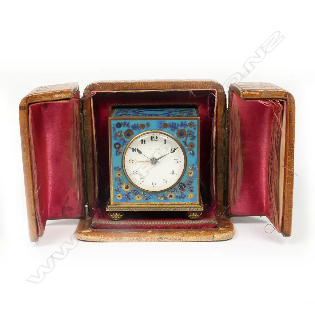 A c.1900  Swiss Zenith champlevé enamel cased miniature clock, Image 1++