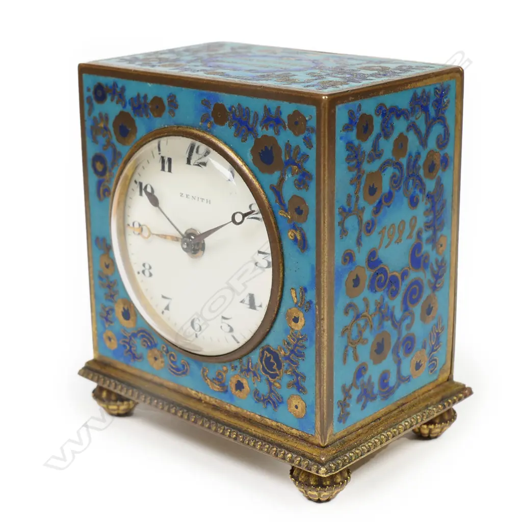 A c.1900  Swiss Zenith champlevé enamel cased miniature clock, Image 1++