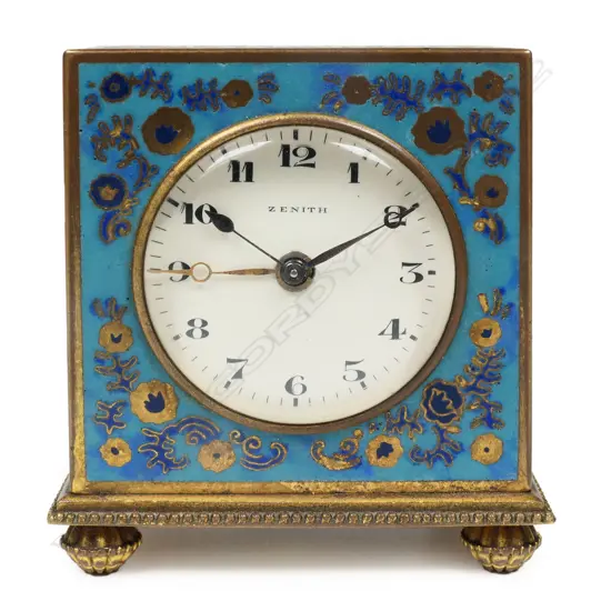A c.1900  Swiss Zenith champlevé enamel cased miniature clock,