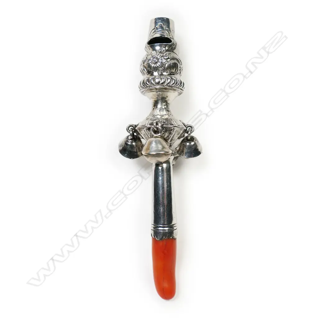 A Victorian silver and coral baby rattle, Image 1++