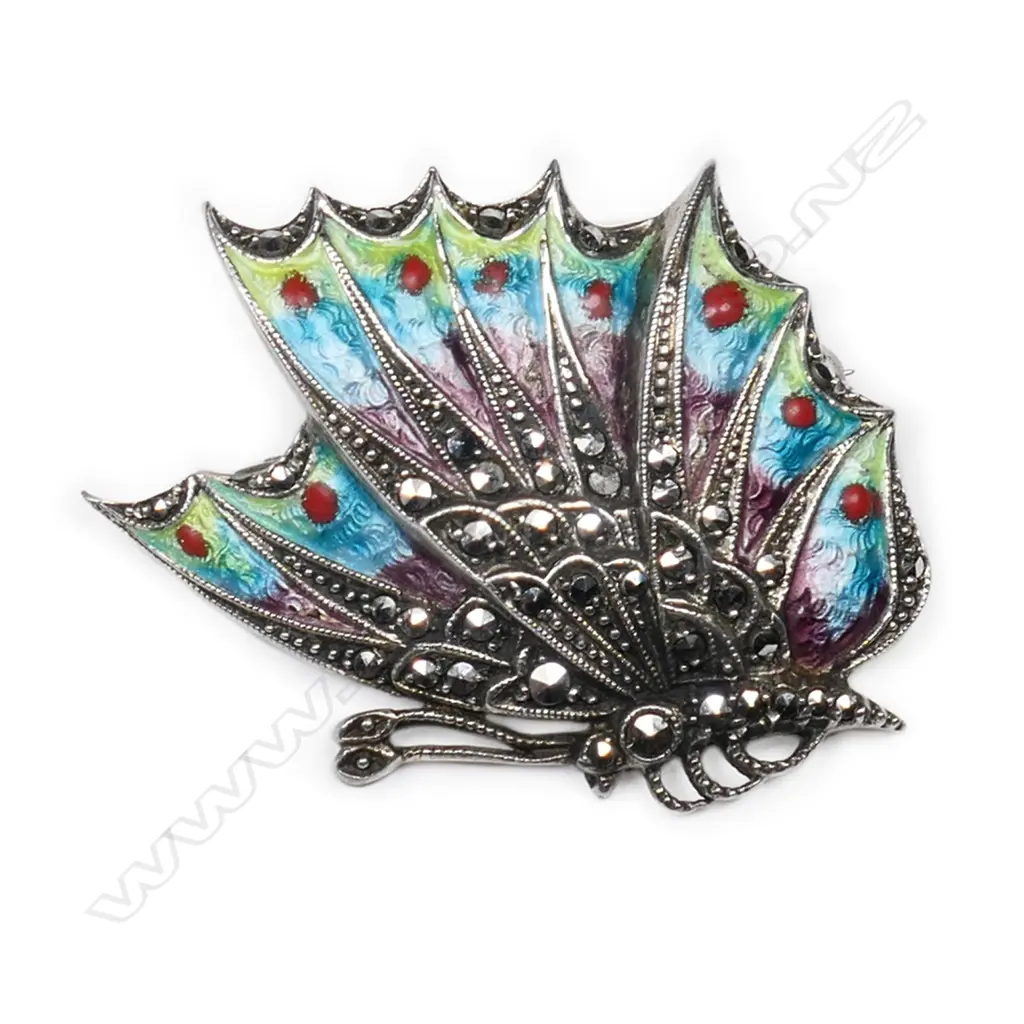 A vintage silver, enamel and marcasite butterfly brooch, Image 1++