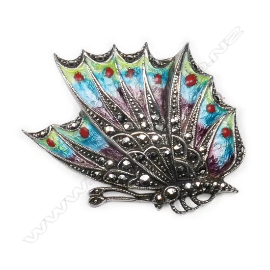 A vintage silver, enamel and marcasite butterfly brooch,