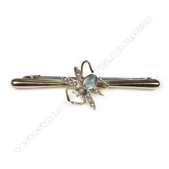 A vintage 9ct gold, pearl and aquamarine bug brooch,