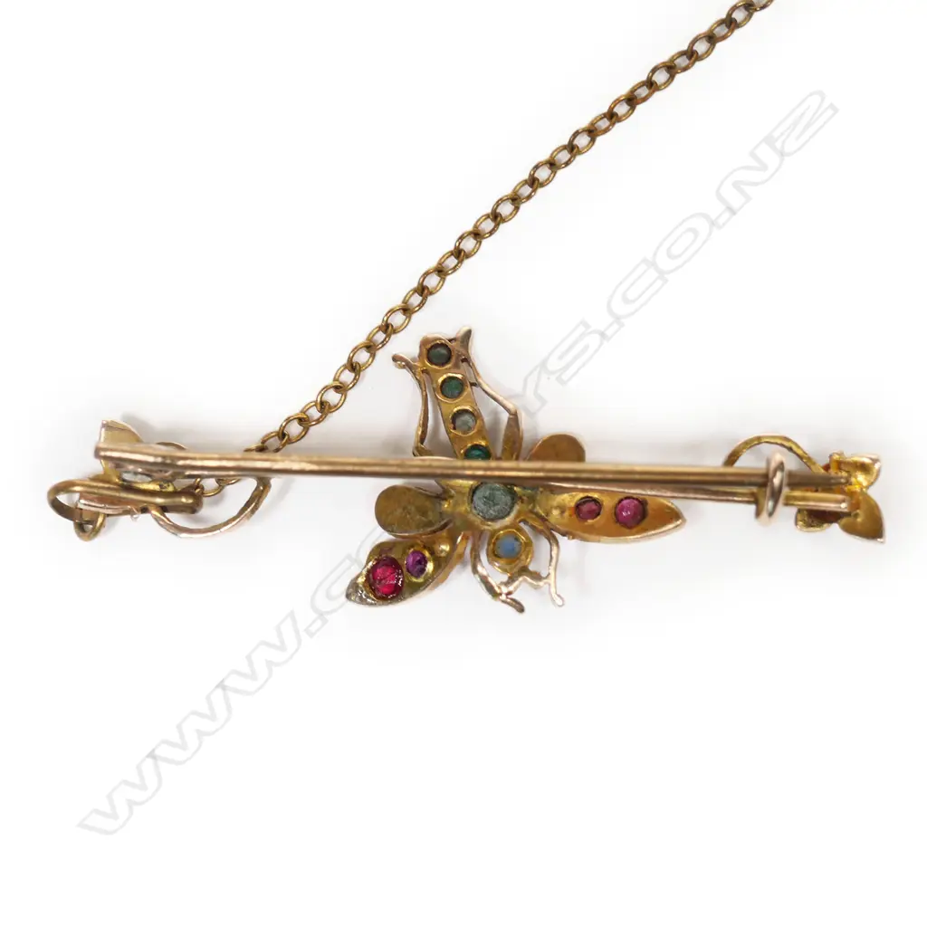 An Edwardian 9ct gold gem set insect brooch, Image 1++
