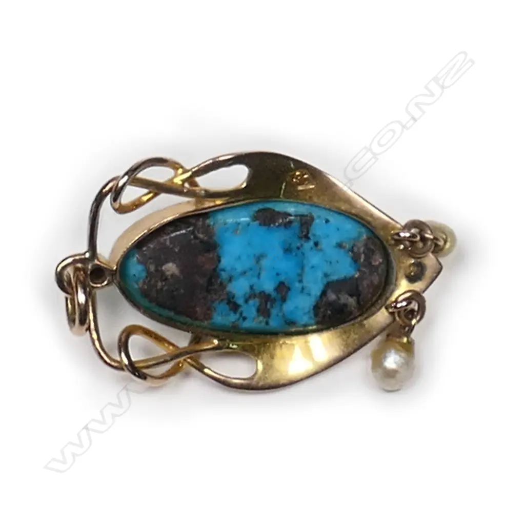 An Edwardian 9ct rose gold, turquoise and pearl Art Nouveau pendant, Image 1++