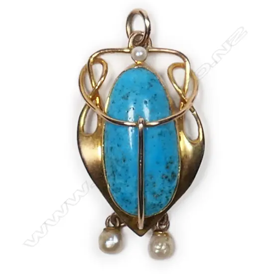 An Edwardian 9ct rose gold, turquoise and pearl Art Nouveau pendant,