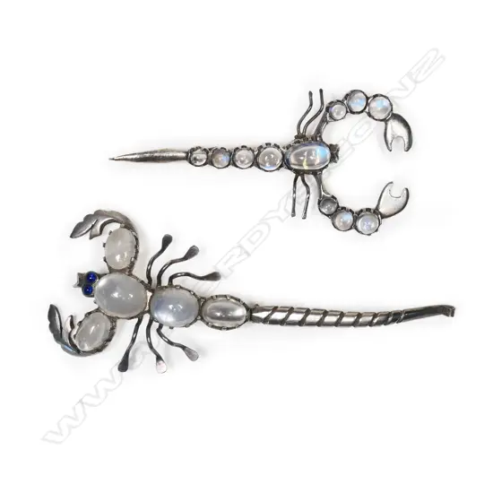 Two vintage silver and moonstone scorpion brooches,