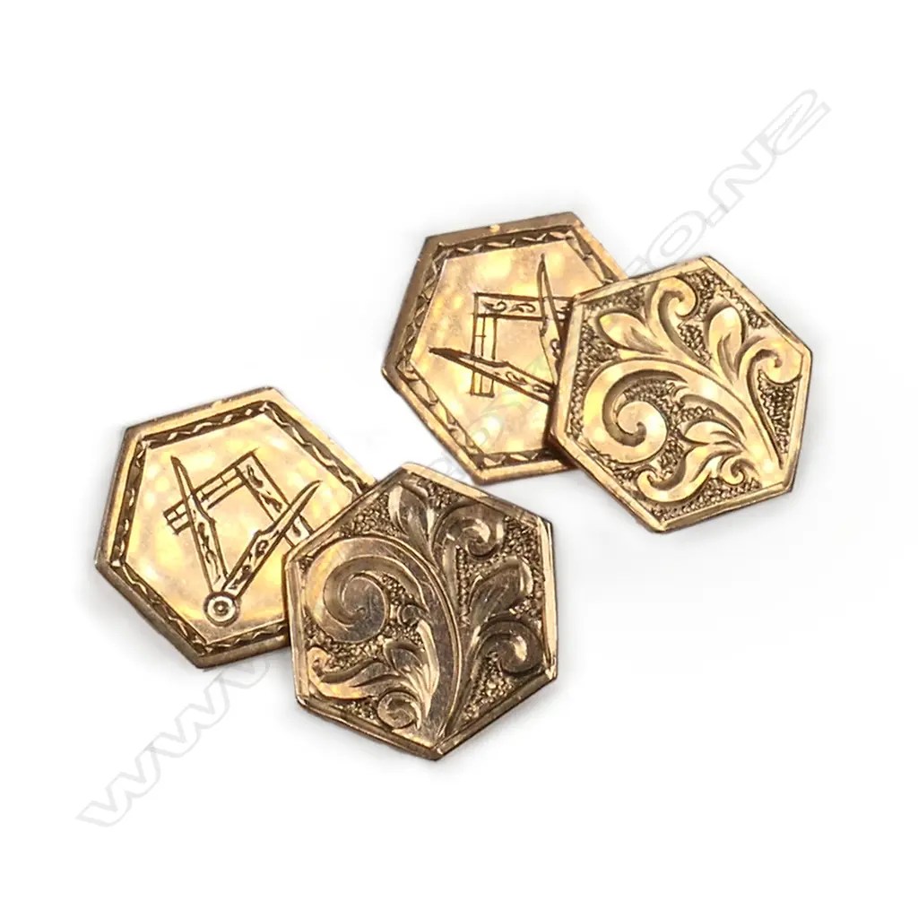 A pair of vintage 9ct rose gold Masonic engraved cufflinks, Image 1++