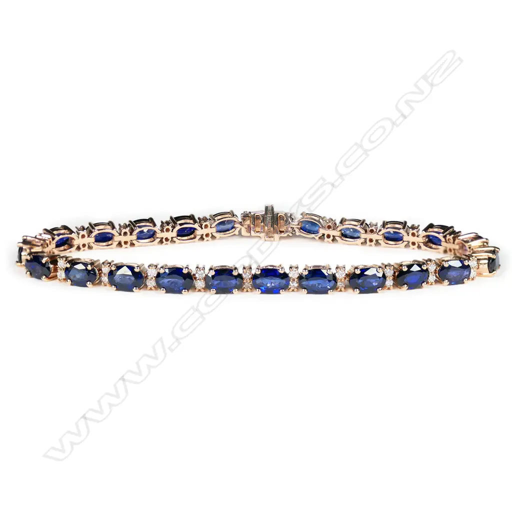 A 14ct rose gold, sapphire and diamond line bracelet, Image 1++