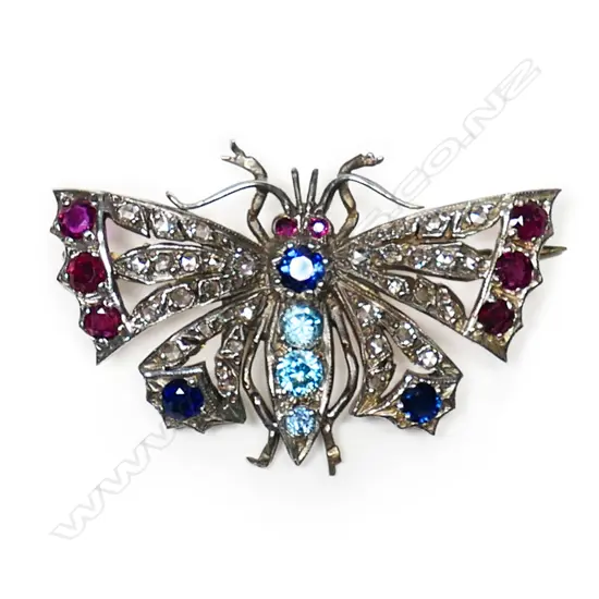 A good c.1900  gold, silver, precious and semi-precious stone set butterfly brooch,