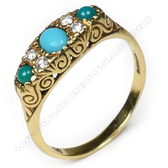 An 18ct yellow gold turquoise and diamond ring,