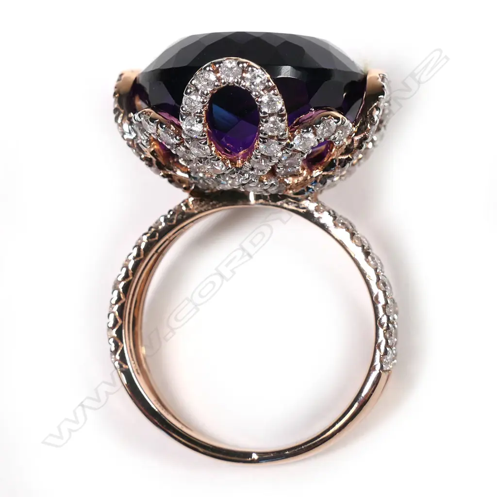A 14ct rose gold, amethyst and diamond cocktail ring, Image 1++
