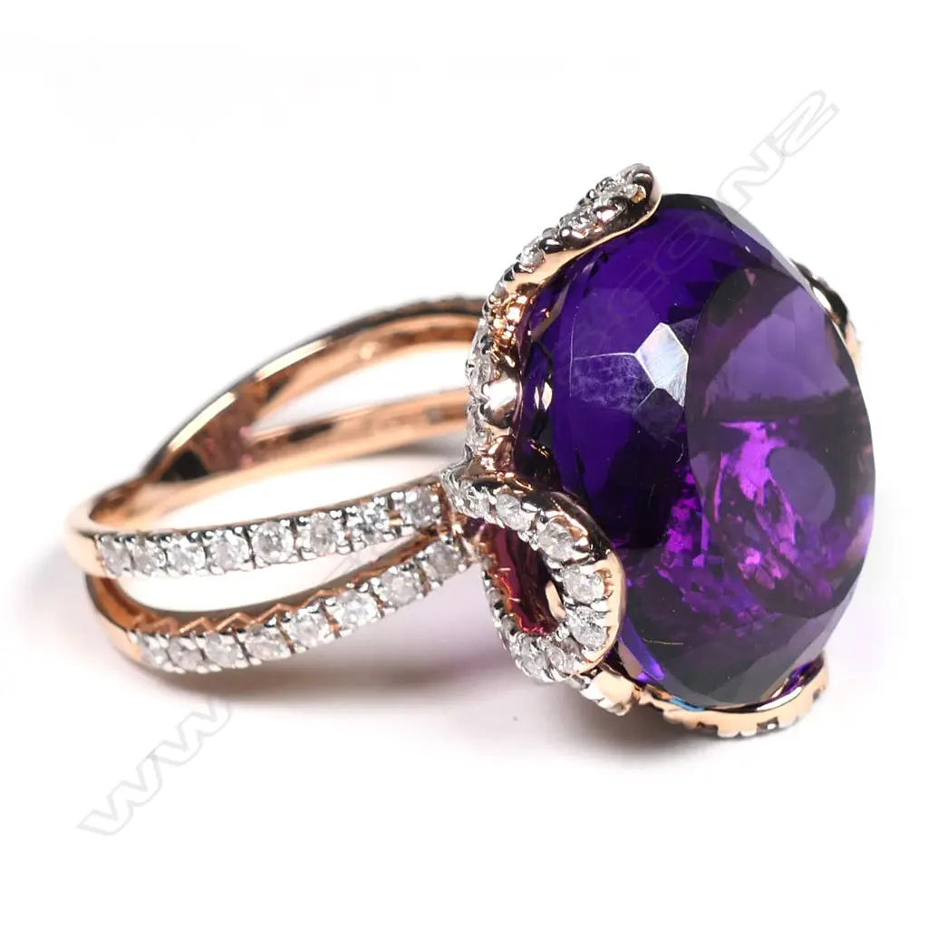 A 14ct rose gold, amethyst and diamond cocktail ring, Image 1++