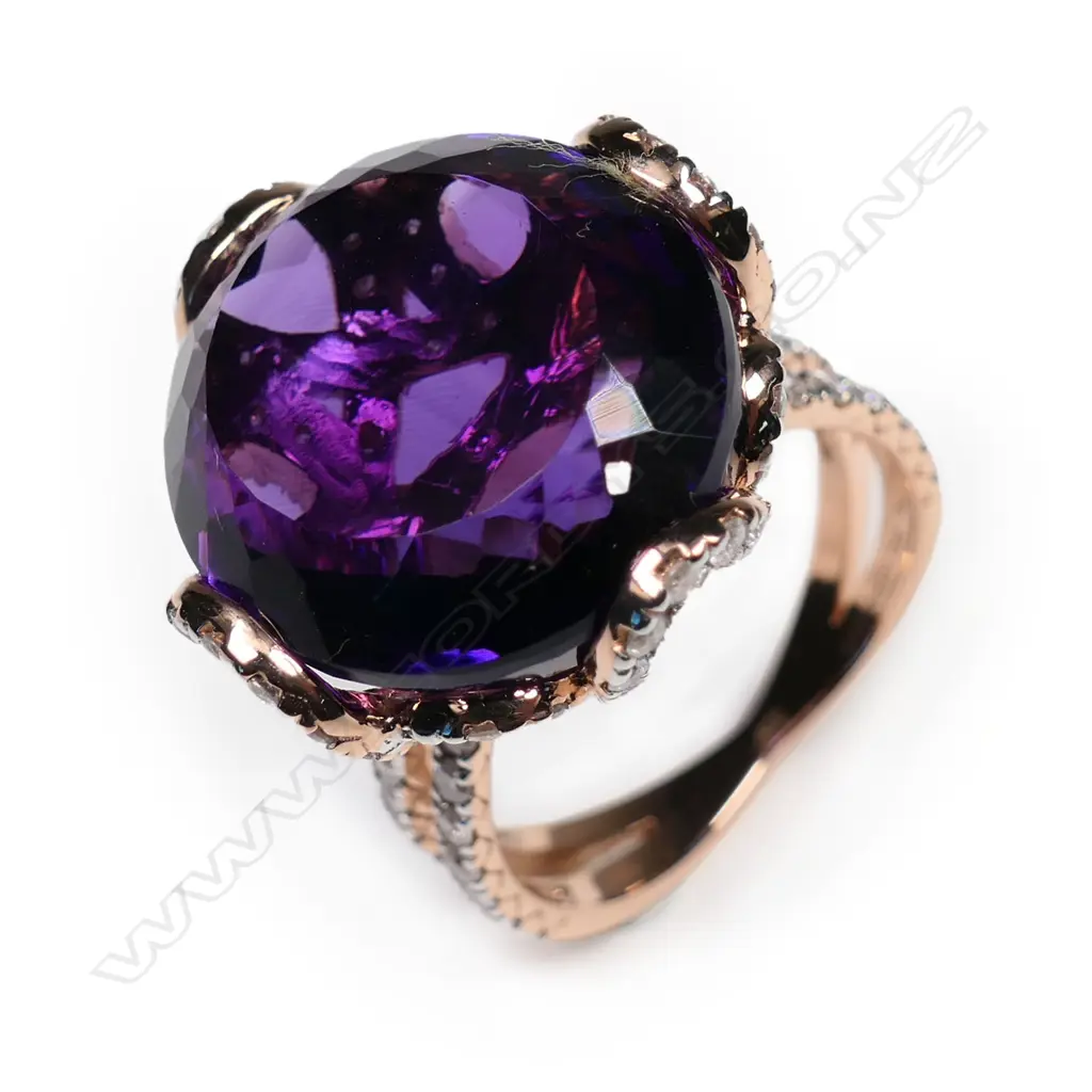 A 14ct rose gold, amethyst and diamond cocktail ring, Image 1++