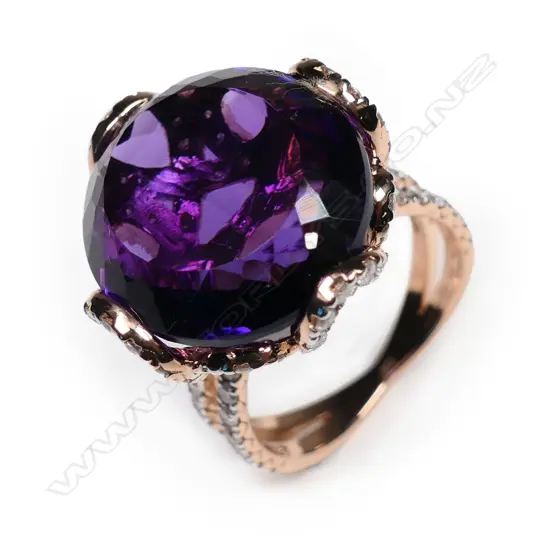 A 14ct rose gold, amethyst and diamond cocktail ring,
