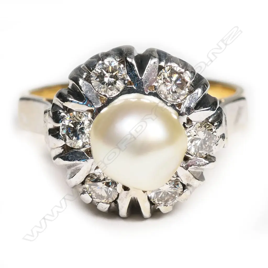 An 18ct yellow and white gold, pearl and diamond vintage style ring, Image 1++