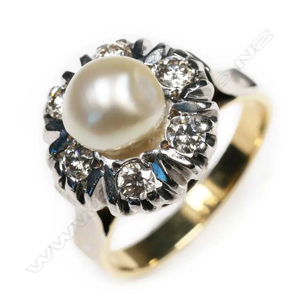 An 18ct yellow and white gold, pearl and diamond vintage style ring, Image 1++