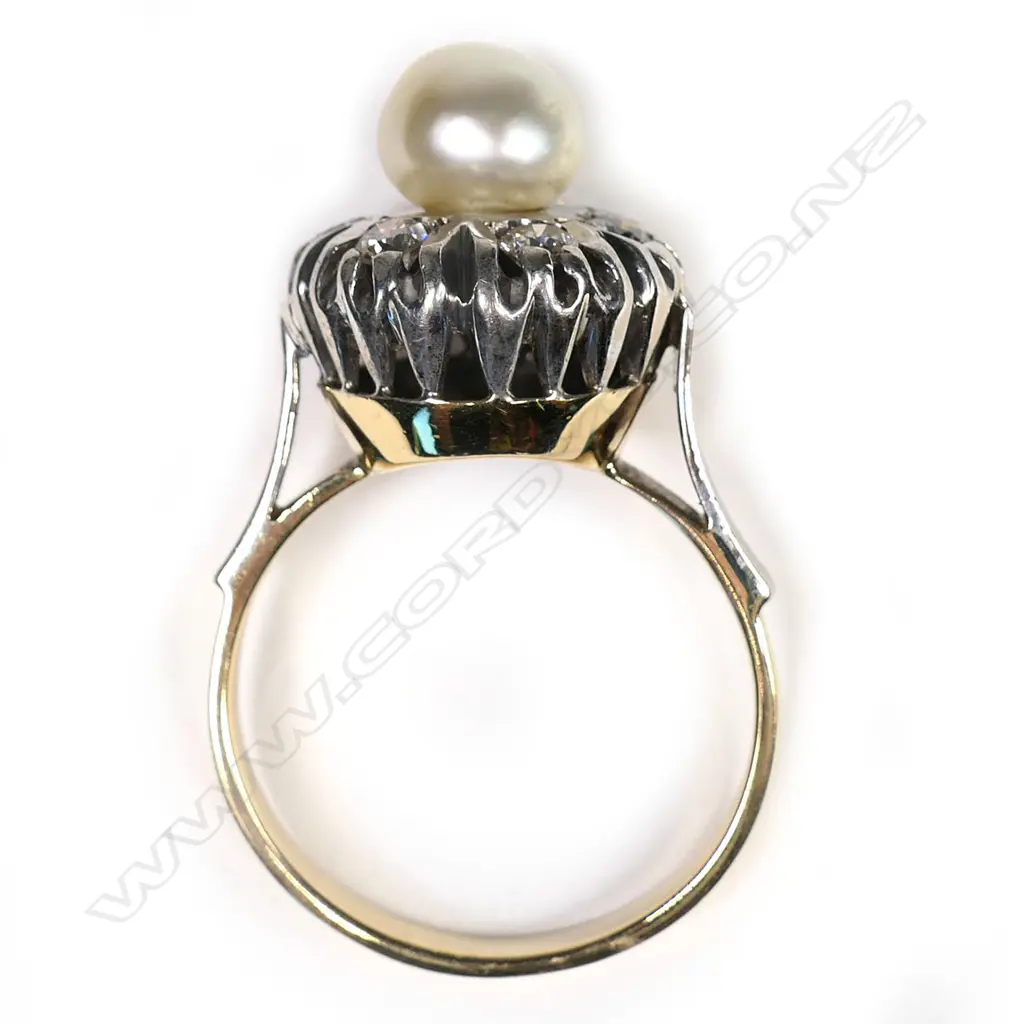 An 18ct yellow and white gold, pearl and diamond vintage style ring, Image 1++