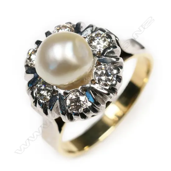 An 18ct yellow and white gold, pearl and diamond vintage style ring,