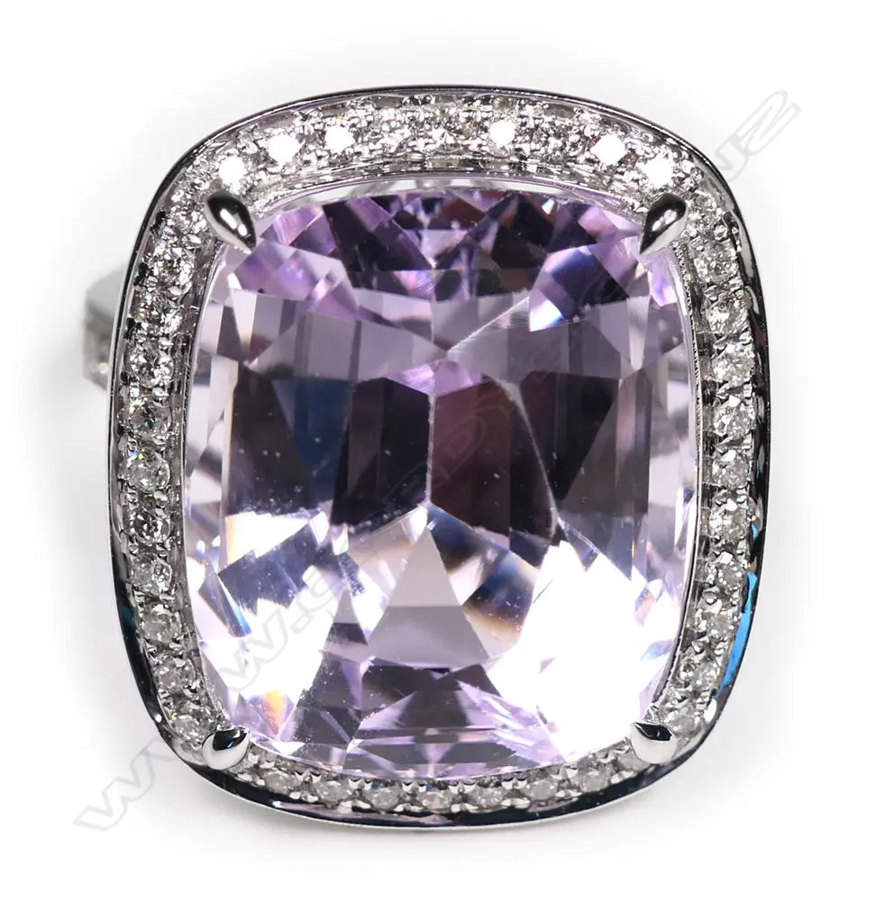 A 14ct white gold, kunzite and diamond halo ring, Image 1++