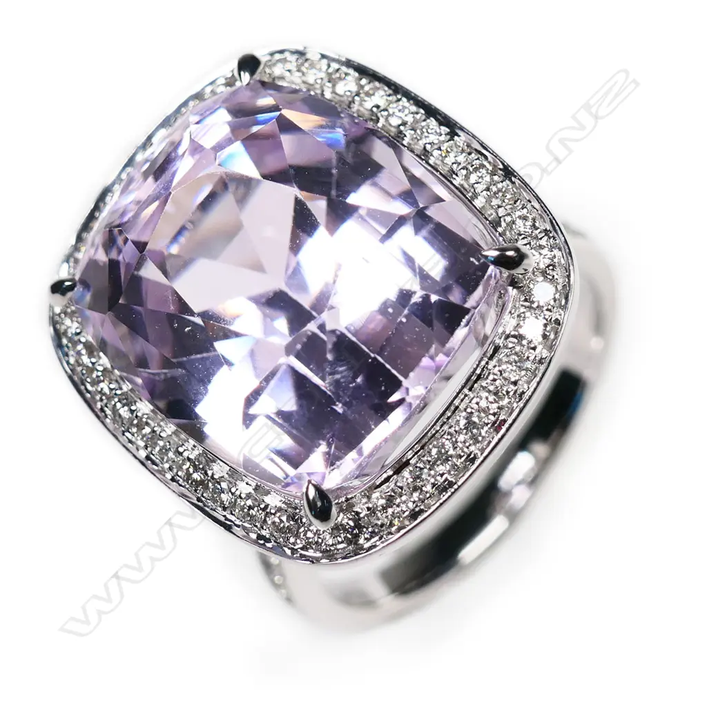 A 14ct white gold, kunzite and diamond halo ring, Image 1++