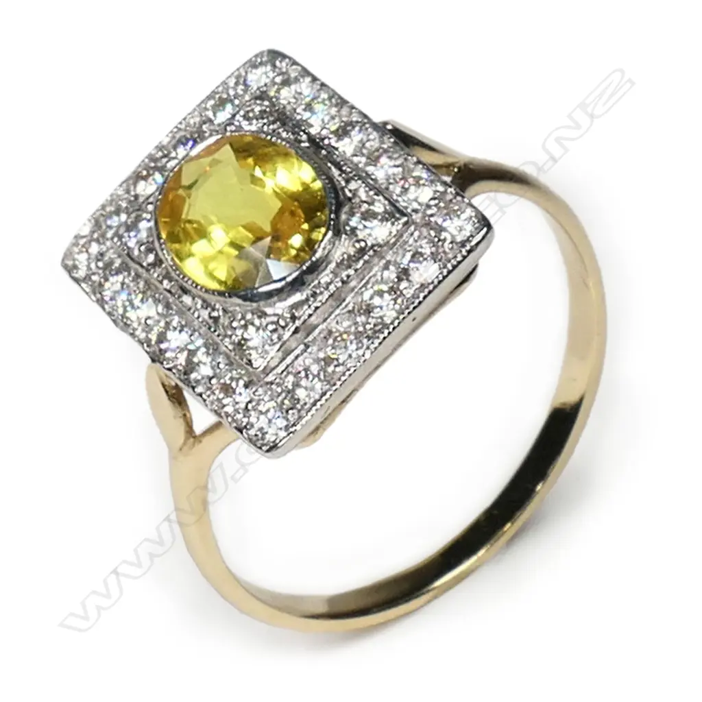 An 18ct Art Deco style yellow sapphire and diamond ring, Image 1++