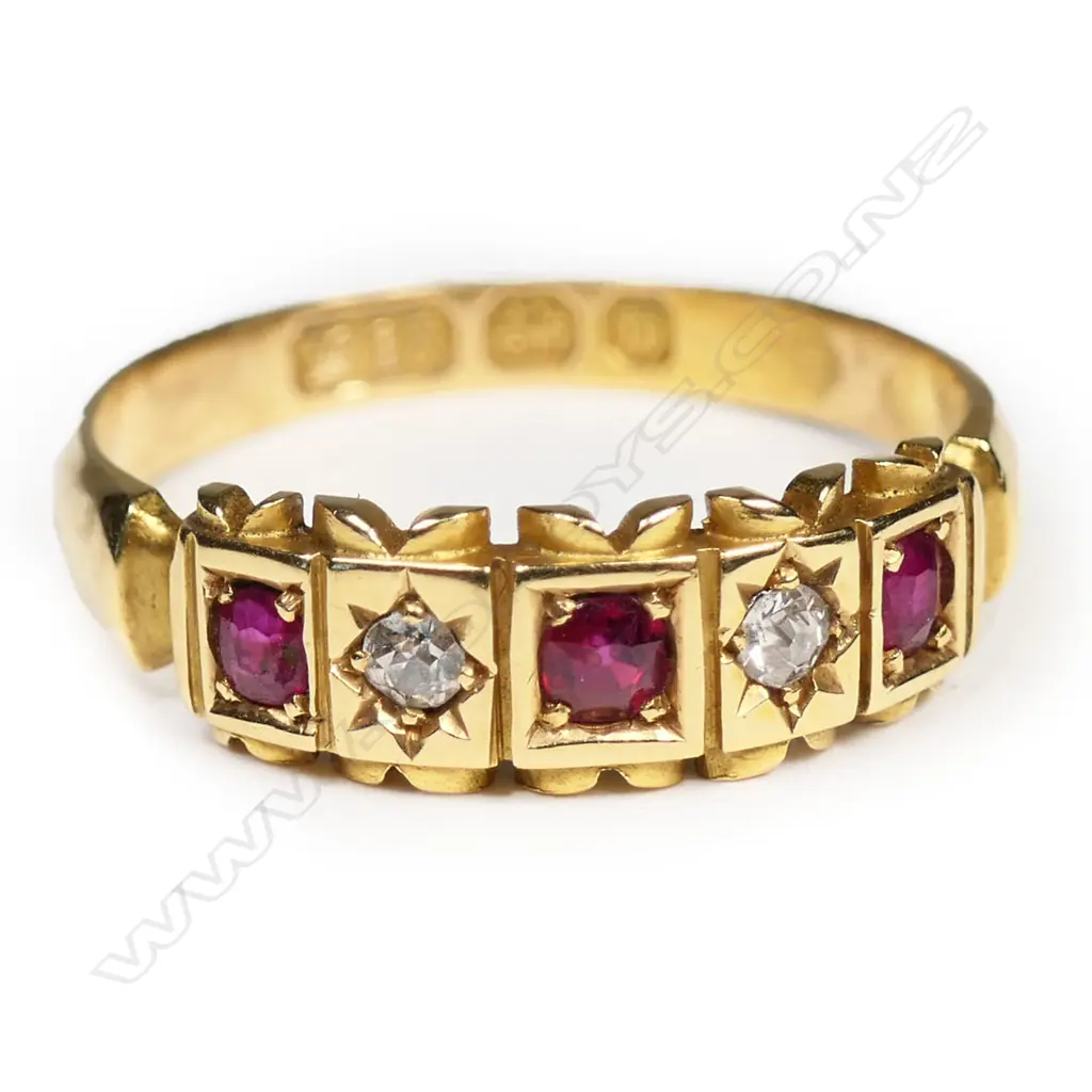 A Victorian 18ct gold ruby and diamond band ring, Image 1++