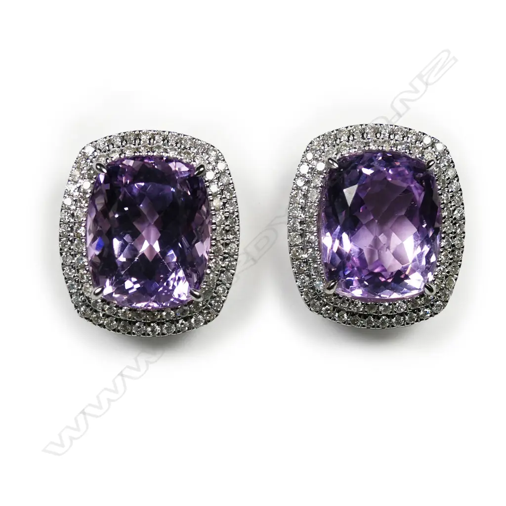 A pair of 14ct white gold, kunzite and diamond double halo stud earrings, Image 1++