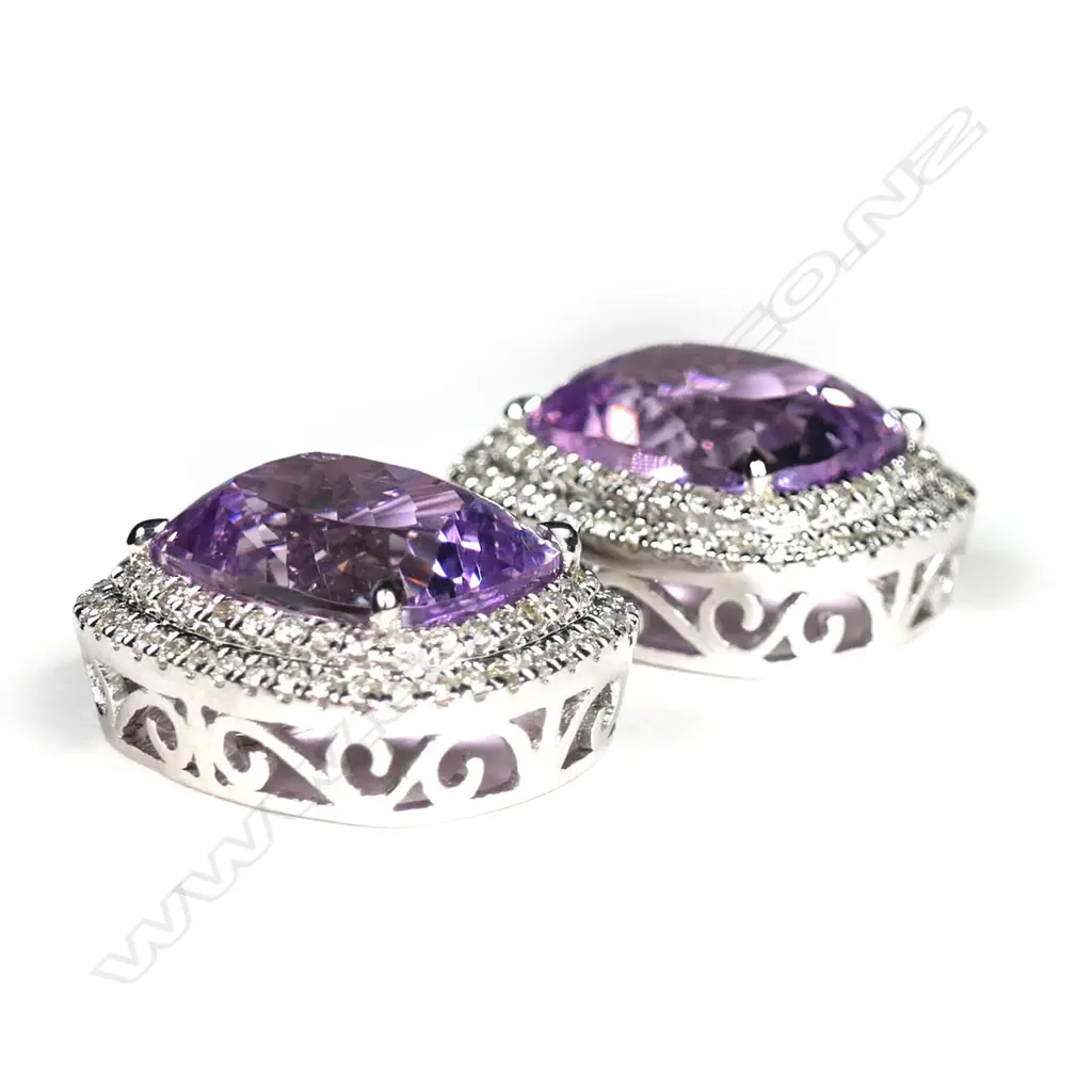 A pair of 14ct white gold, kunzite and diamond double halo stud earrings, Image 1++