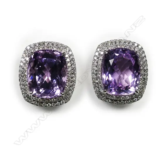 A pair of 14ct white gold, kunzite and diamond double halo stud earrings,