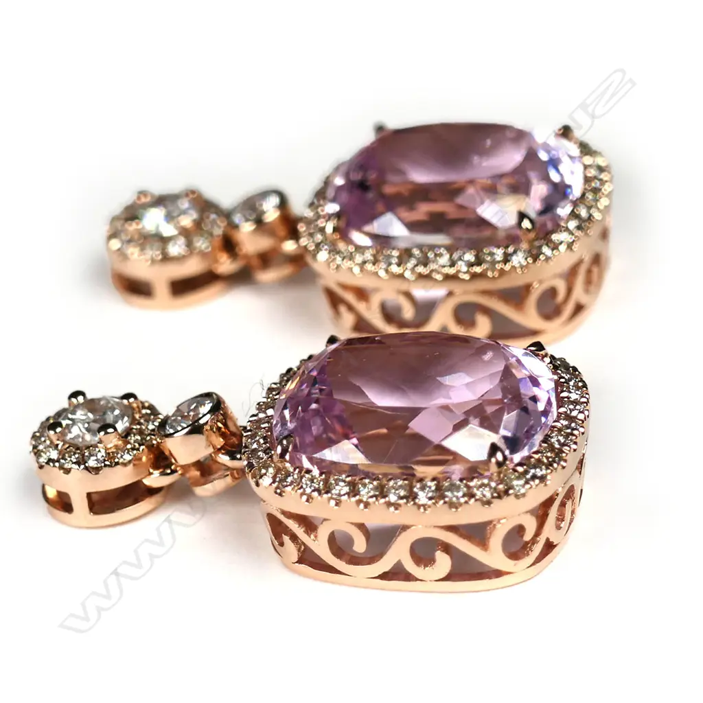 A pair of 14ct rose gold, kunzite and diamond halo drop earrings, Image 1++