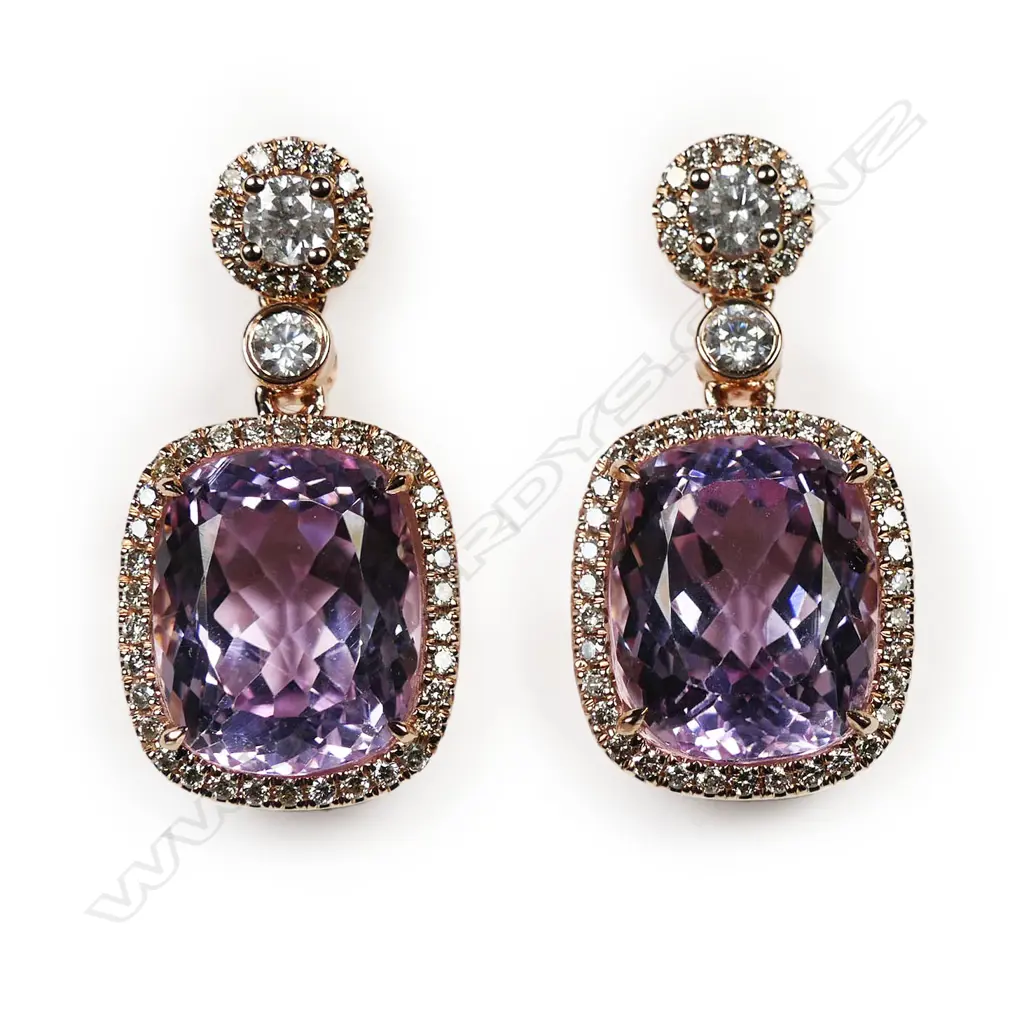 A pair of 14ct rose gold, kunzite and diamond halo drop earrings, Image 1++