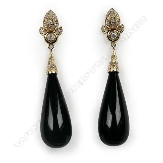 A pair of 14ct gold, onyx and diamond Art Deco style drop earrings,
