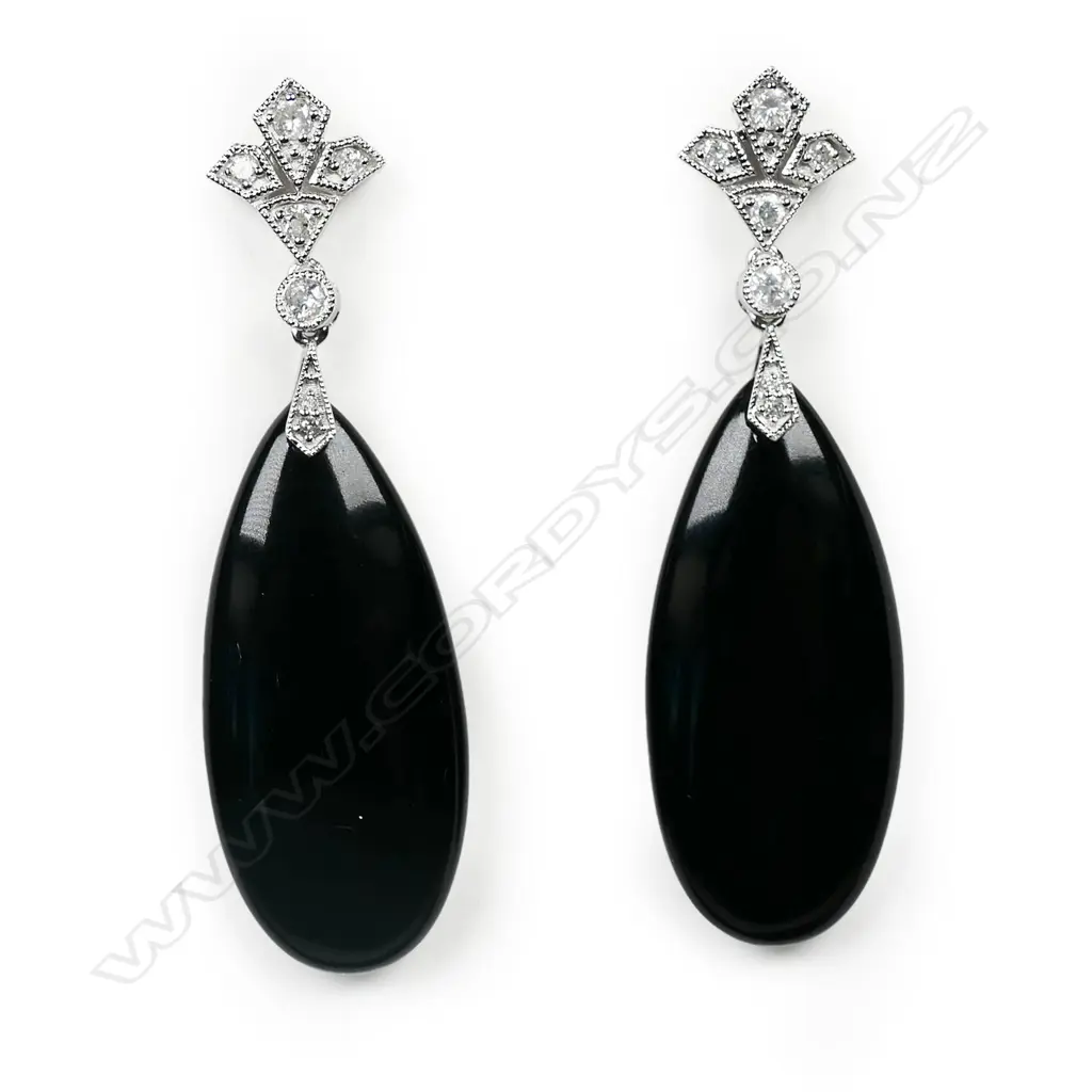 A pair of 14ct white gold, onyx and diamond Art Deco style earrings, Image 1++