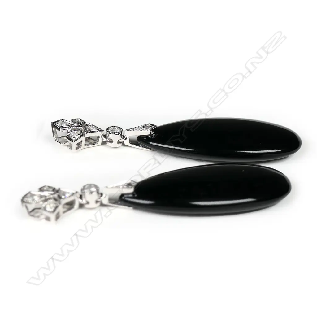A pair of 14ct white gold, onyx and diamond Art Deco style earrings, Image 1++