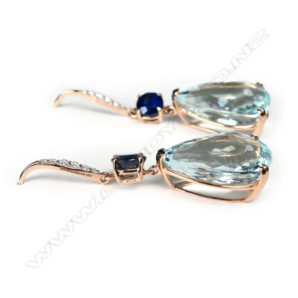 A pair of 14ct rose gold, aquamarine, sapphire and diamond drop earrings, Image 1++