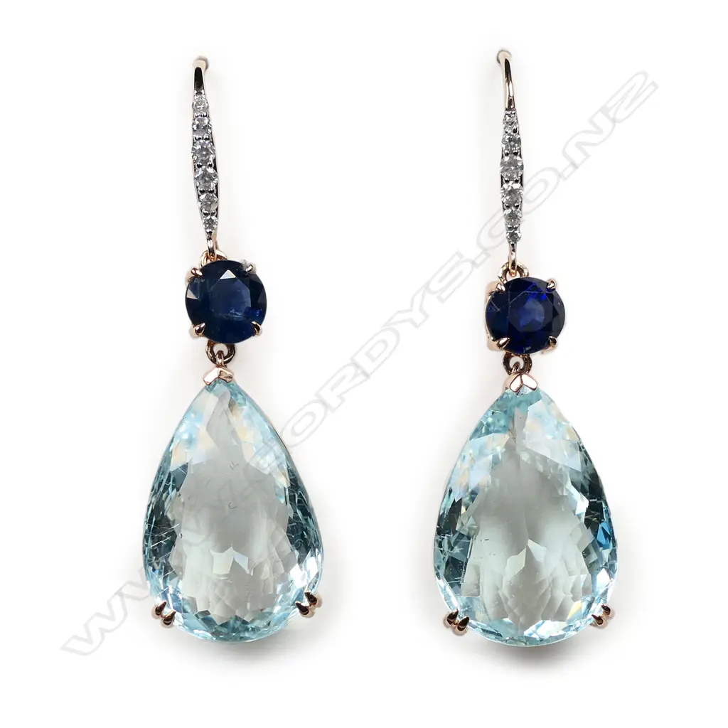 A pair of 14ct rose gold, aquamarine, sapphire and diamond drop earrings, Image 1++