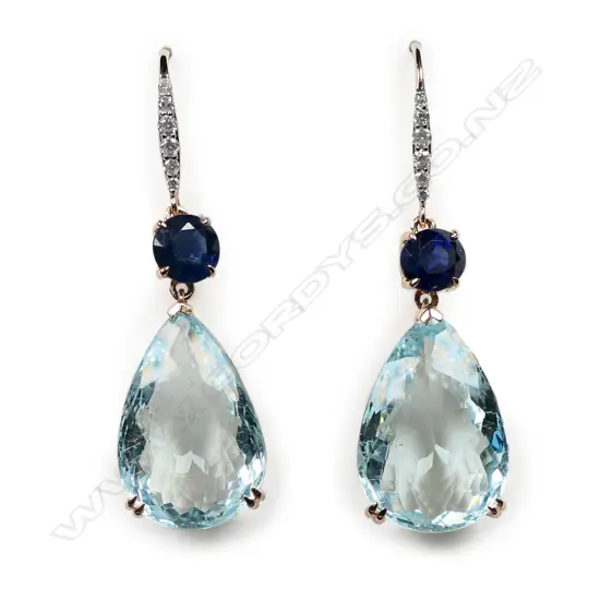 A pair of 14ct rose gold, aquamarine, sapphire and diamond drop earrings,