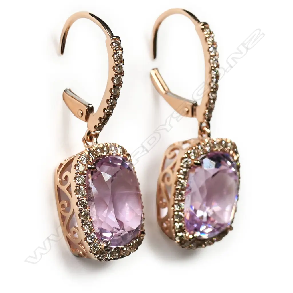A pair of 14ct rose gold, kunzite and diamond halo drop earrings, Image 1++