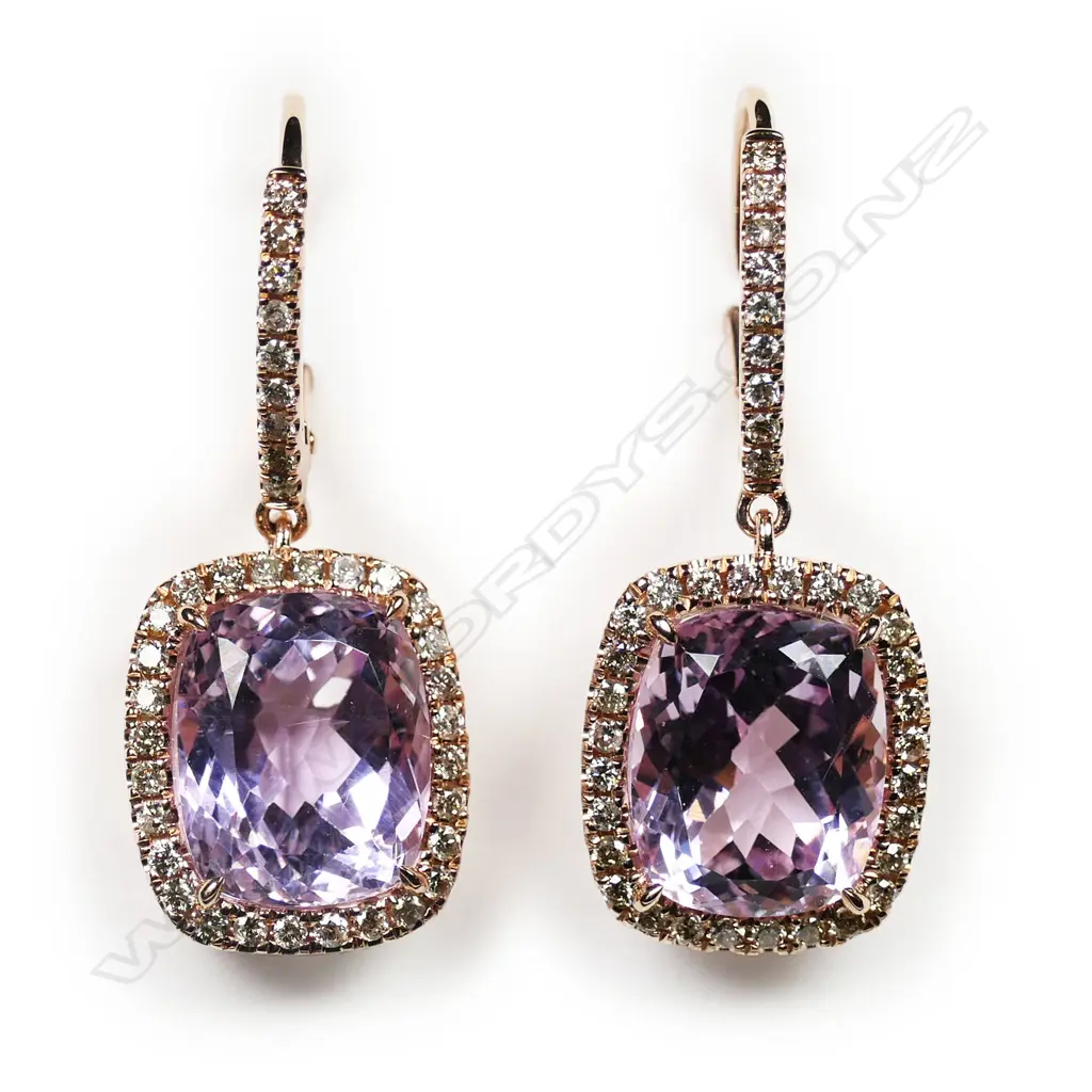 A pair of 14ct rose gold, kunzite and diamond halo drop earrings, Image 1++