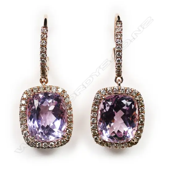 A pair of 14ct rose gold, kunzite and diamond halo drop earrings,